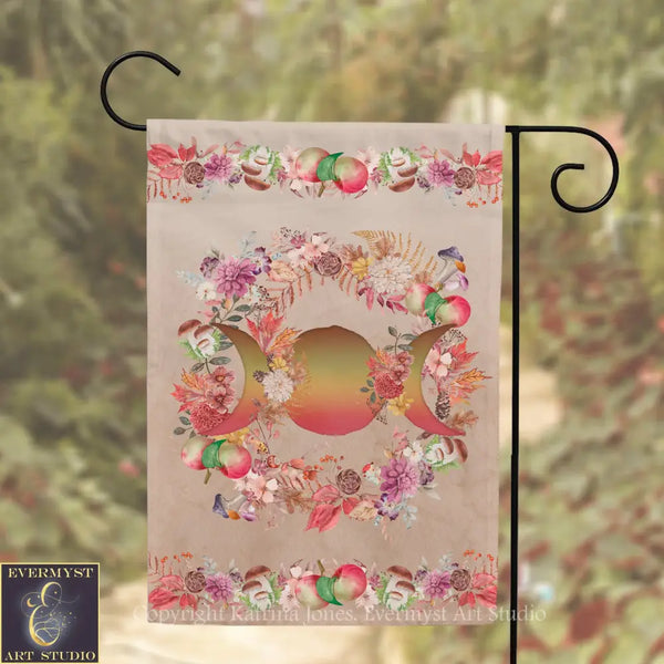 A banner with a floral design featuring three crescent moons surrounded by various flowers and leaves.