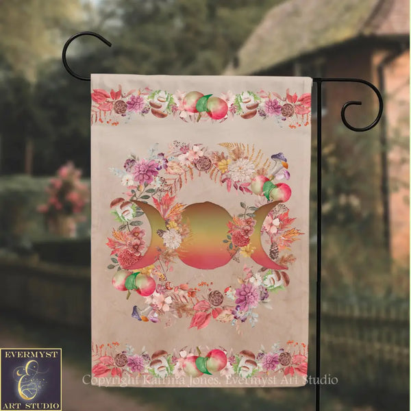 A banner with a floral design featuring three crescent moons surrounded by various flowers and leaves.