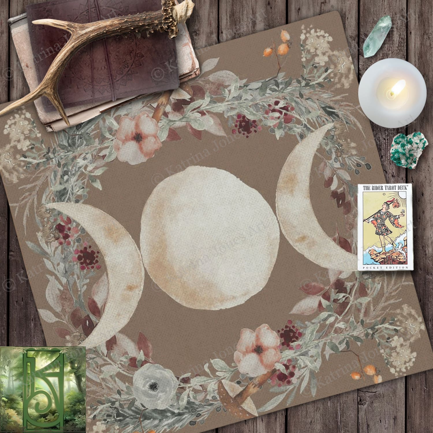 Triple Moon Pagan Altar Cloth With Woodland Nature Design Square