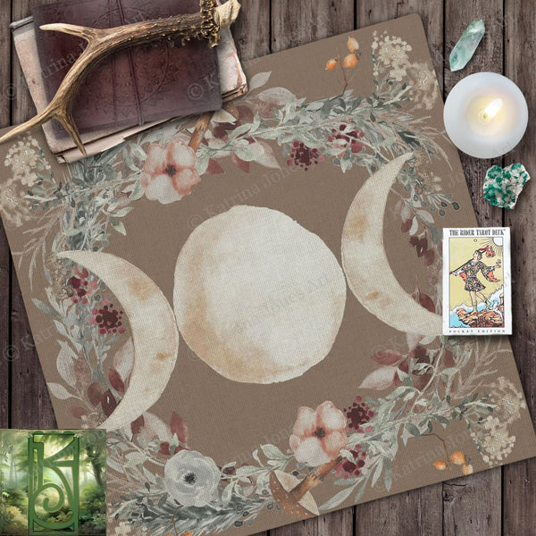 Triple Moon Pagan Altar Cloth With Woodland Nature Design Square