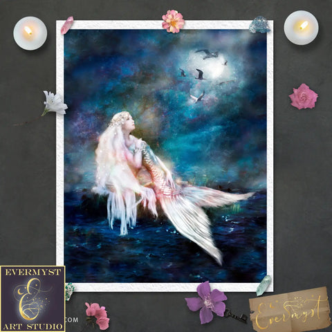 Mermaid Moon Fine Art Print Giclee - Limited Signed Collectors Edition Exclusive Soft Matte Finish