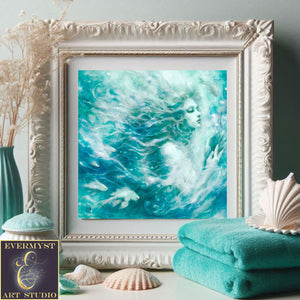 a painting of a woman in a blue ocean