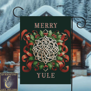 a merry yule banner hanging from a pole