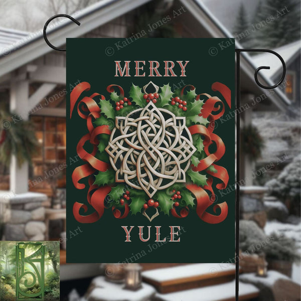 a merry yule sign hanging from a metal pole
