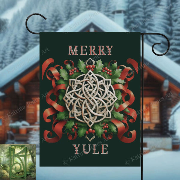 a merry yule banner hanging from a pole