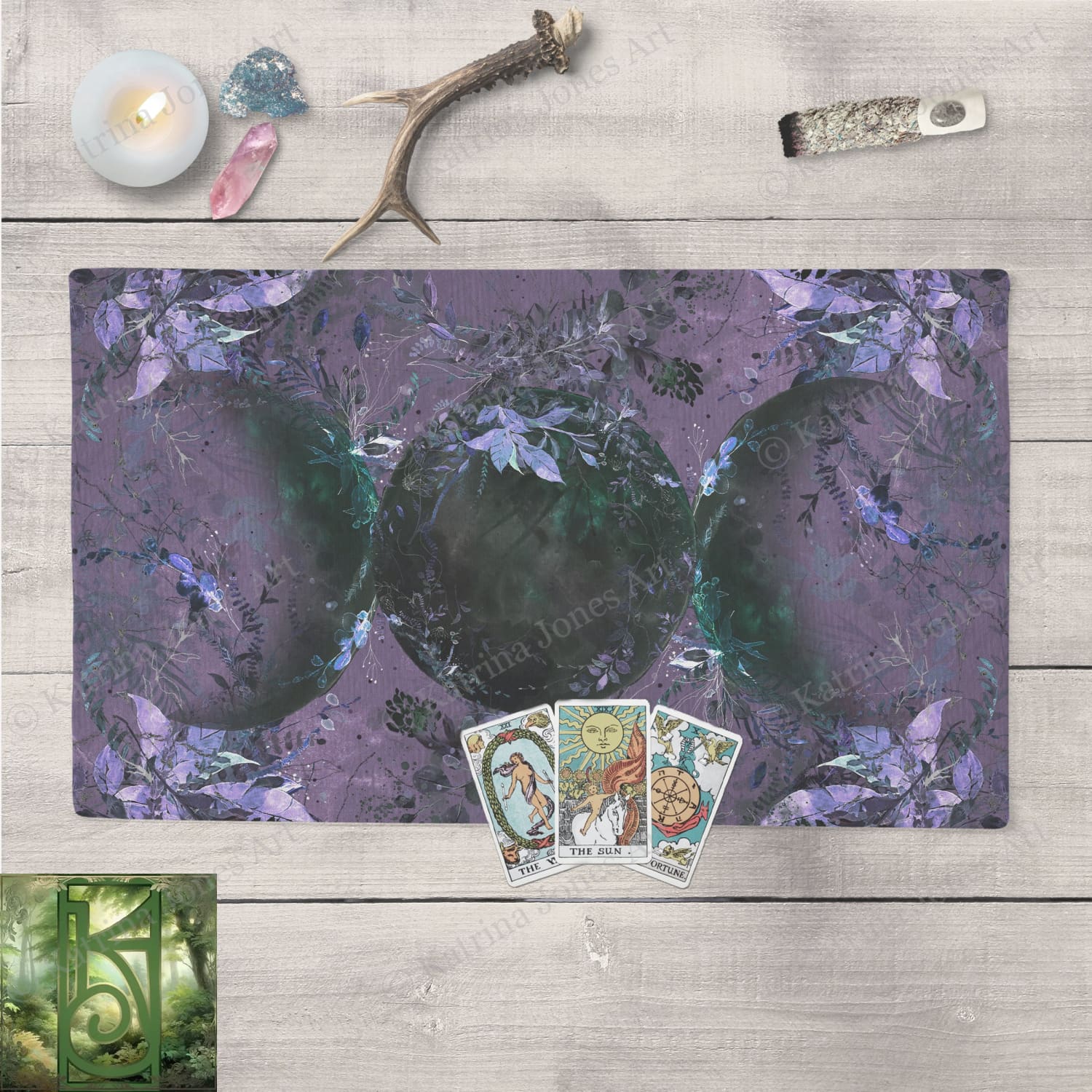 Triple Moon Wiccan Altar And Tarot Cloth In Black Purple - Pagan Decor Rec