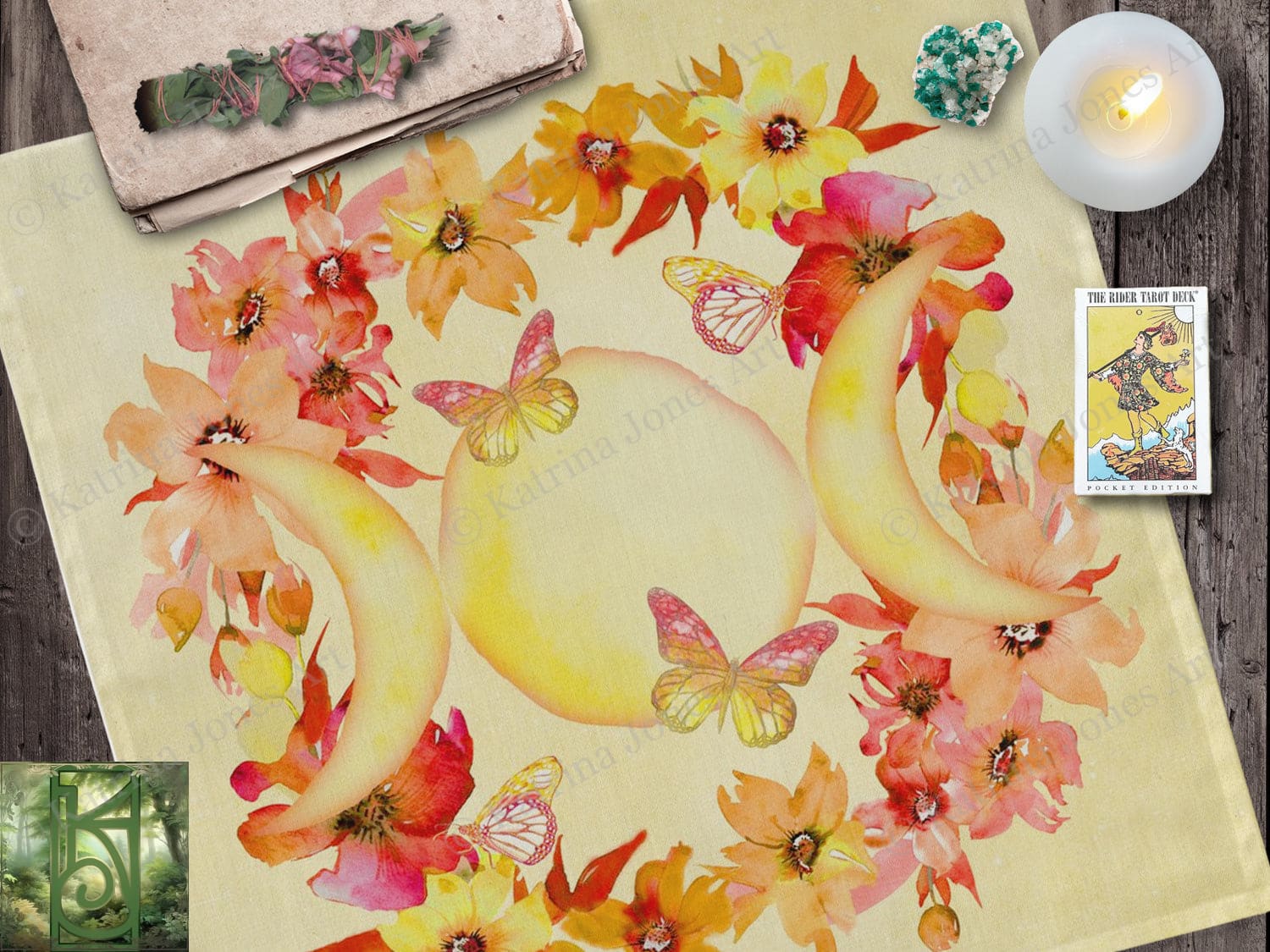 Altar And Tarot Cloth Summer Litha Triple Moon Design 22X22 Inch Twill Square