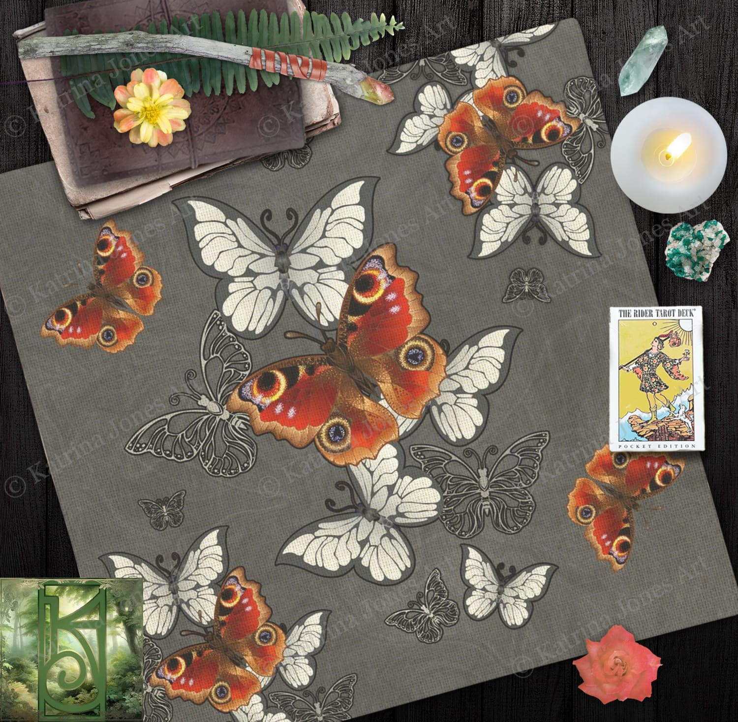 Altar Cloth With Butterflies - Tarot Reading Mat Boho Witch Decor 24X24 Inch Crepe Square