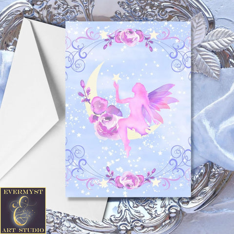 Moon Fairy Greeting Card Whimsical Cute Faery