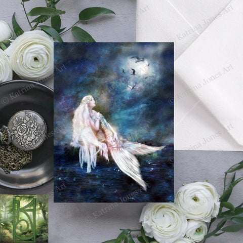 Moon Mermaid Greeting Card Fantasy Mythic Blank Notecards