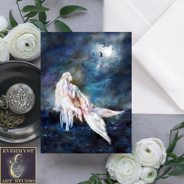 Moon Mermaid Greeting Card Fantasy Mythic Blank Notecards