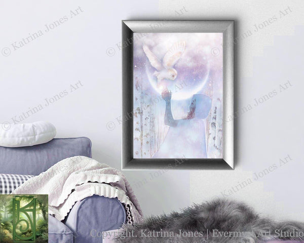 Moon Owl Goddess Art Print Fantasy Mythic White Witch Arianrhod Painting