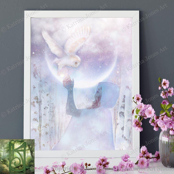 Moon Owl Goddess Art Print Fantasy Mythic White Witch Arianrhod Painting