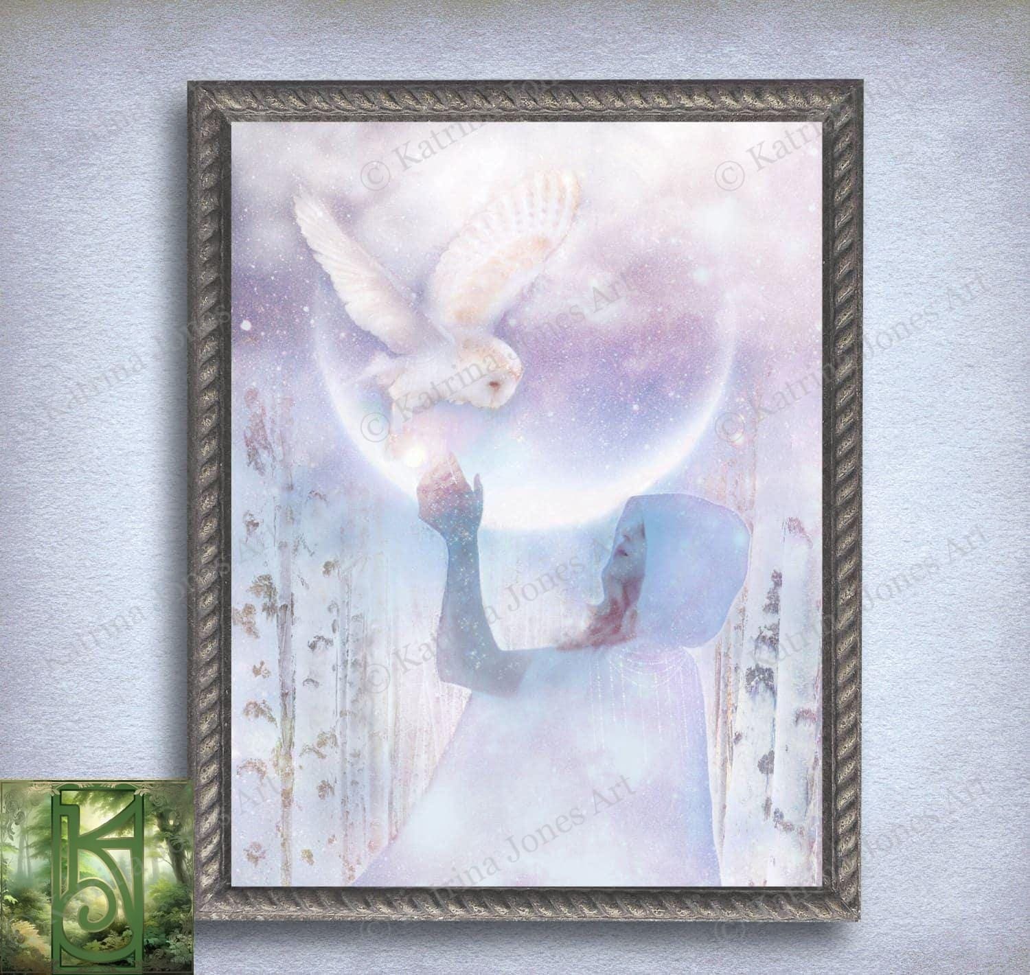 Moon Owl Goddess Art Print Fantasy Mythic White Witch Arianrhod Painting