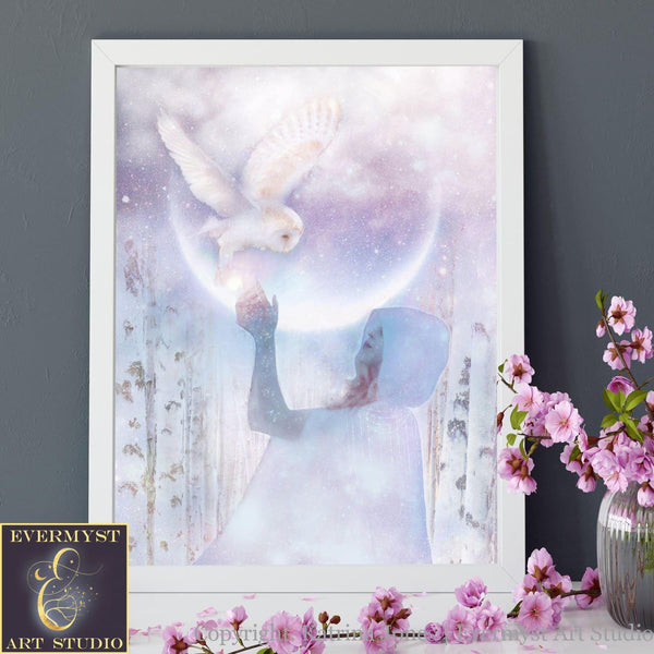 Moon Owl Goddess Art Print Fantasy Mythic White Witch Arianrhod Painting