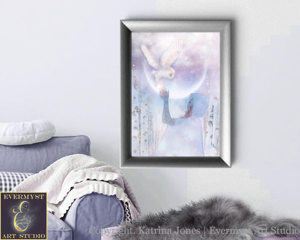 Moon Owl Goddess Art Print Fantasy Mythic White Witch Arianrhod Painting