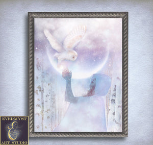 Moon Owl Goddess Art Print Fantasy Mythic White Witch Arianrhod Painting