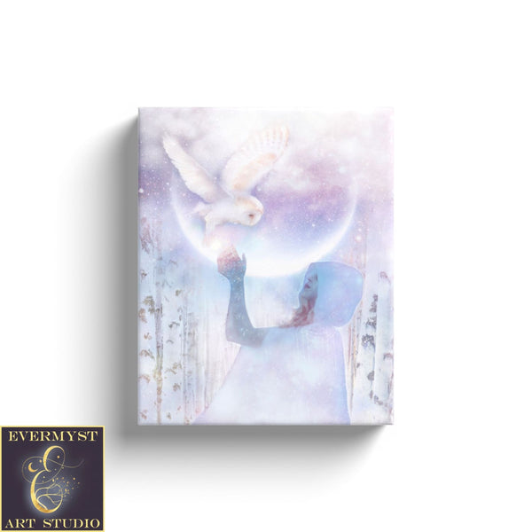 Moon Owl Goddess Art Print Fantasy Mythic White Witch Arianrhod Painting 8 X 10 Canvas