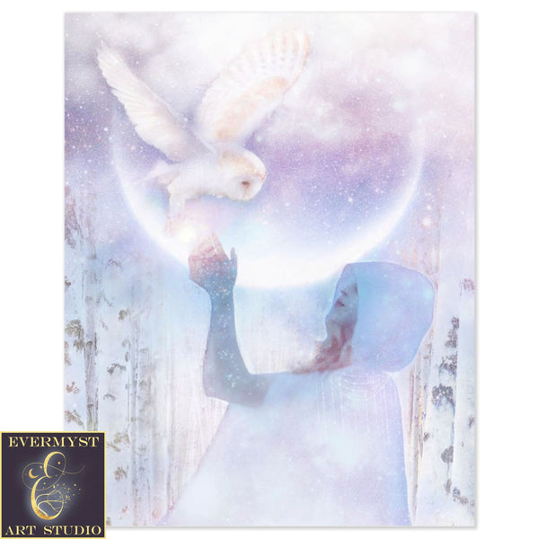 Moon Owl Goddess Art Print Fantasy Mythic White Witch Arianrhod Painting 8 X 10 Paper