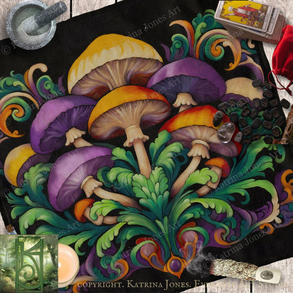 The image is a vibrant and detailed painting of a group of mushrooms, with intricate patterns and colors. The painting is surrounded by various objects, including a candle, a mortar and pestle, and a deck of playing cards. The overall composition and the use of color and detail create a visually striking and artistic representation of the mushrooms.