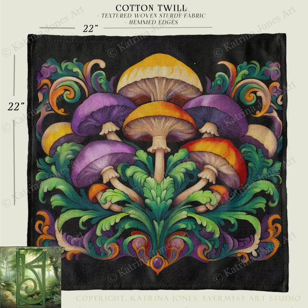 The image is a square-shaped artwork featuring a detailed and intricate design of various mushrooms and plants. The artwork is described as a "Cotton Twill" with textured woven sturdy fabric, and it has a size of 22 inches. The artwork is created by Evernst ART STUDIO.