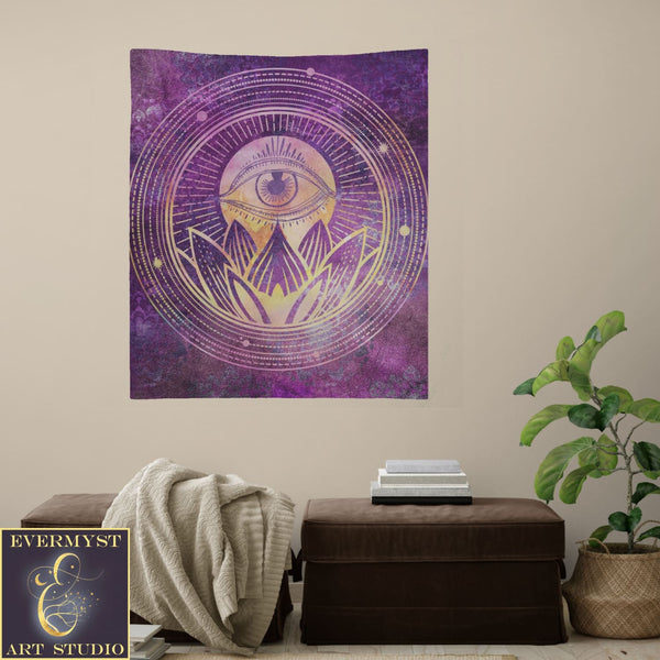 Mystical Lotus Eye Tarot Reading Mat - Purple Boho Zen Altar Cloth Square