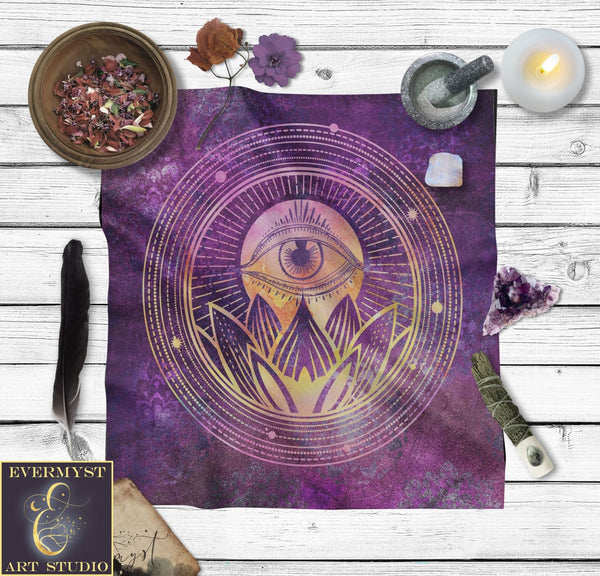 Mystical Lotus Eye Tarot Reading Mat - Purple Boho Zen Altar Cloth Square