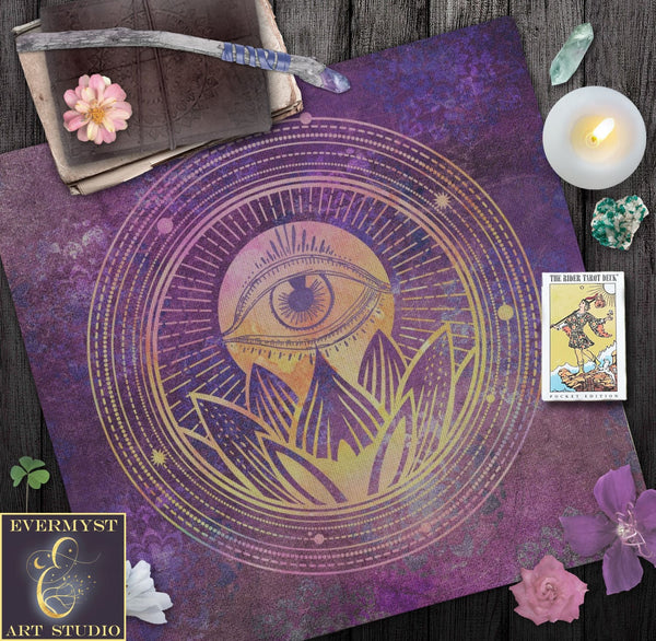 Mystical Lotus Eye Tarot Reading Mat - Purple Boho Zen Altar Cloth Square