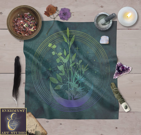 Mystical Moon Garden Altar Cloth - Tarot Reading Mat With Green Witch Vibe Square