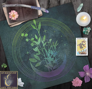 Mystical Moon Garden Altar Cloth - Tarot Reading Mat With Green Witch Vibe Square