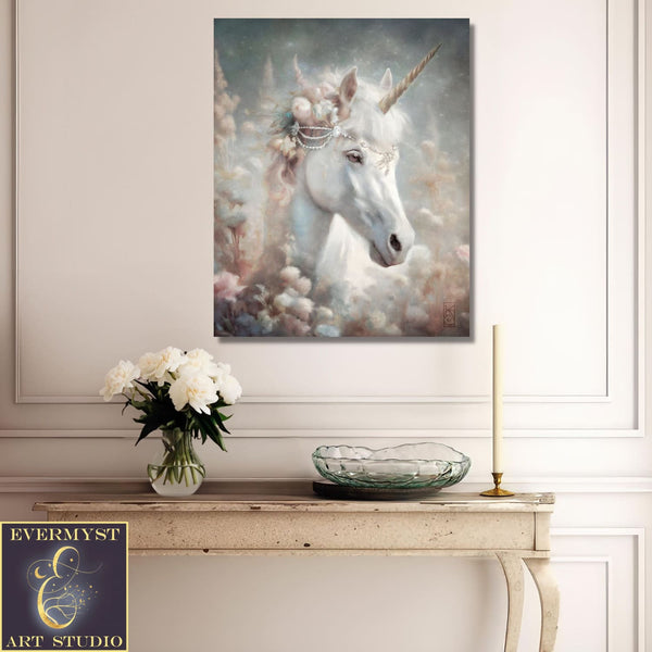 Unicorn Art Canvas Print Painting - Fairy Tale Mythical Creature Fantasy Flower Meadow Decor