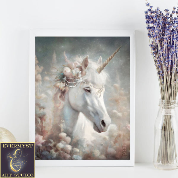 Unicorn Art Canvas Print Painting - Fairy Tale Mythical Creature Fantasy Flower Meadow Decor