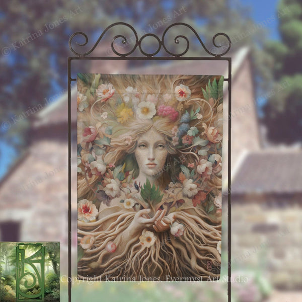 a large, ornate metal frame with a painting of a woman's face surrounded by flowers and foliage.