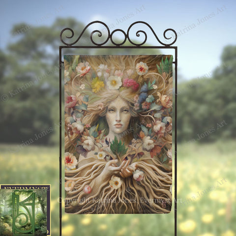 a large, ornate metal frame with a painting of a woman's face surrounded by a floral design.