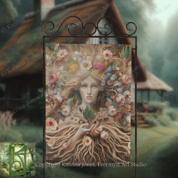 a large, ornate metal sign with a painting of a woman's face surrounded by flowers and foliage. The background is blurred, suggesting a garden or outdoor setting.