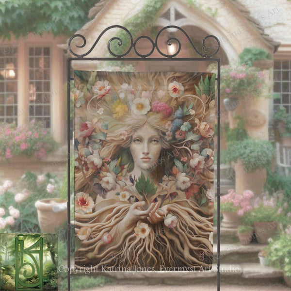 a large, ornate metal sign with a detailed floral design and a woman's face at the center. The sign is set against a backdrop of a garden with potted plants and flowers.