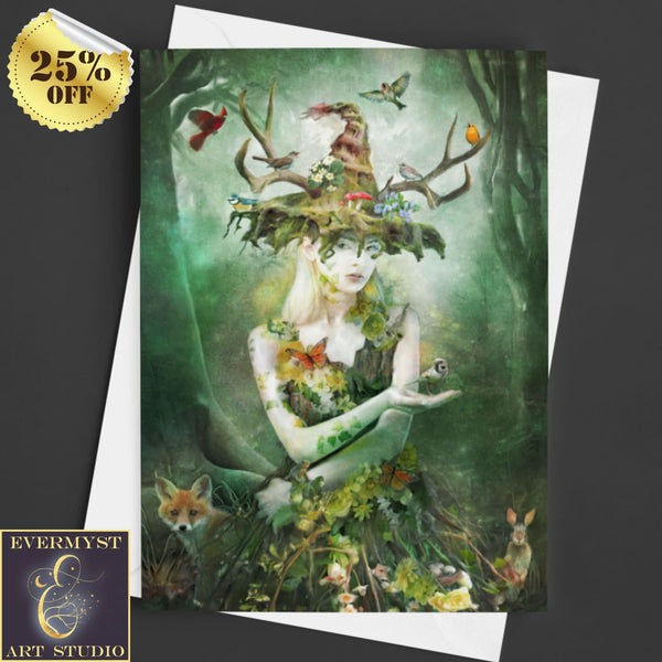 Nature Goddess Greeting Card Green Witch Forest Magical Blank Notecard