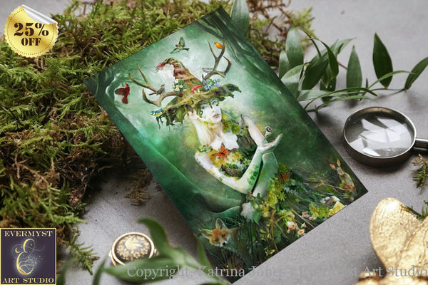 Nature Goddess Greeting Card Green Witch Forest Magical Blank Notecard