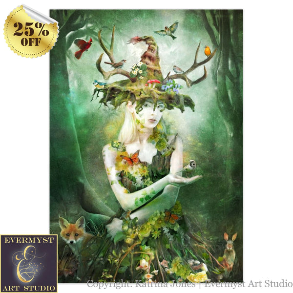 Nature Goddess Greeting Card Green Witch Forest Magical Blank Notecard 1