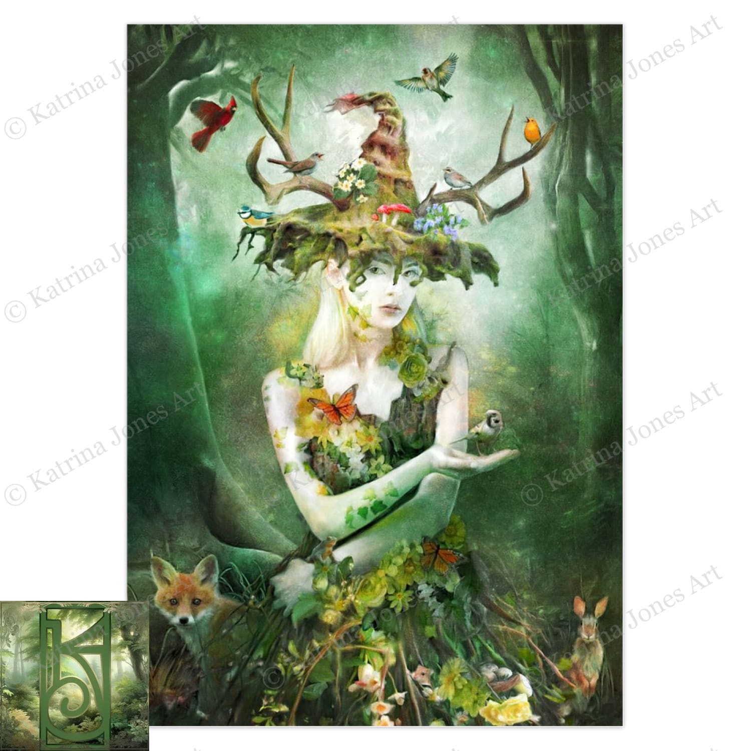 Nature Goddess Greeting Card Green Witch Forest Magical Blank Notecard 1
