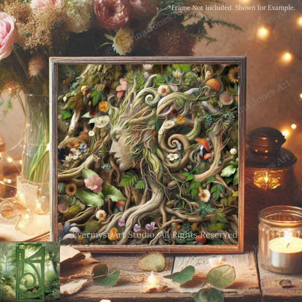 The image is a framed artwork depicting a detailed, intricate forest scene with a woman's face surrounded by various plants and flowers.