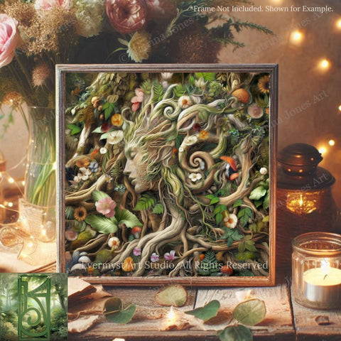 The image is a framed artwork depicting a detailed, intricate forest scene with a woman's face surrounded by various plants and flowers.