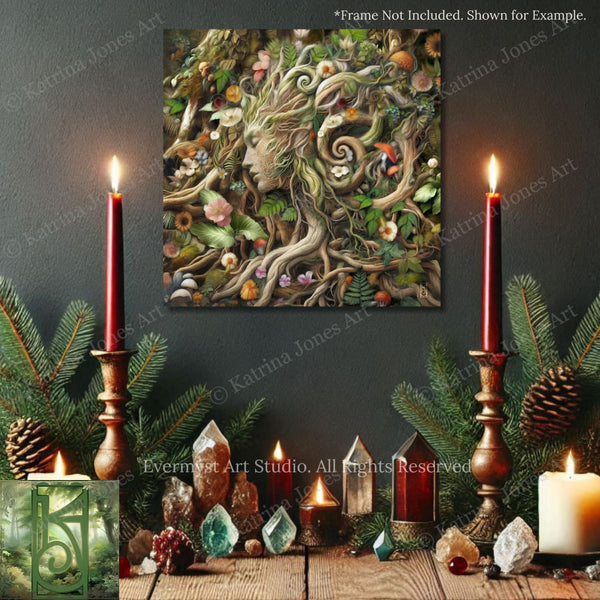 a large, detailed painting of a woman's face surrounded by a lush, forest-like background with various plants and flowers. The painting is displayed on a wall, with two red candles and pine cones arranged in front of it. The overall scene appears to be a festive or spiritual setting, with the candles and pine cones adding a warm, natural touch to the composition.