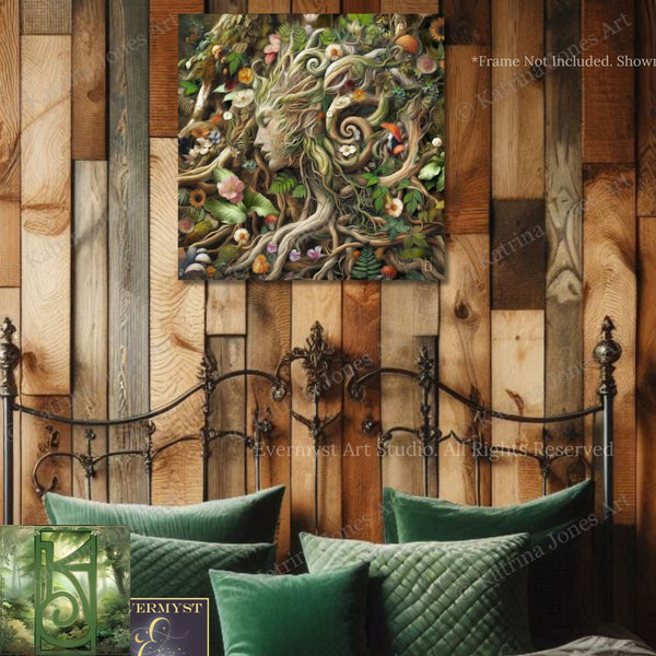 a bedroom setting with a bed and a wooden wall. The bed has green pillows and a metal headboard. Above the bed, there is a framed artwork depicting a woman's face surrounded by a lush, green forest. The artwork is framed with a metal border and is hanging on the wooden wall.