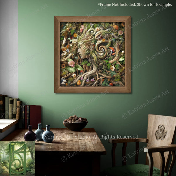 a framed artwork depicting a woman's face surrounded by a lush, verdant forest scene, with a wooden table and chairs in the foreground.
