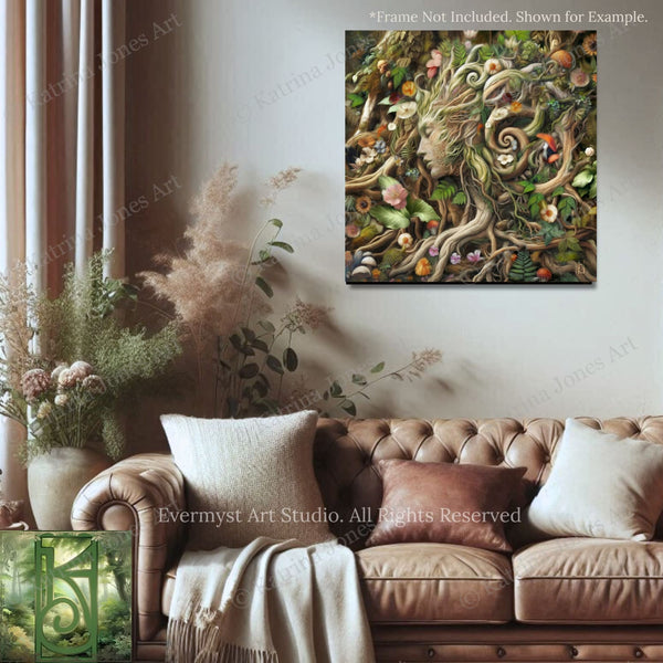 a large, colorful painting of a woman's face surrounded by a lush, natural scene, hanging on a wall above a brown leather couch.