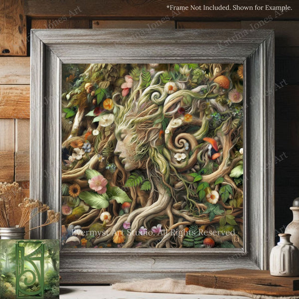 The image is a framed artwork depicting a lush, verdant forest scene with a prominent tree trunk and branches. The artwork is framed in a wooden frame and is displayed on a wooden shelf.