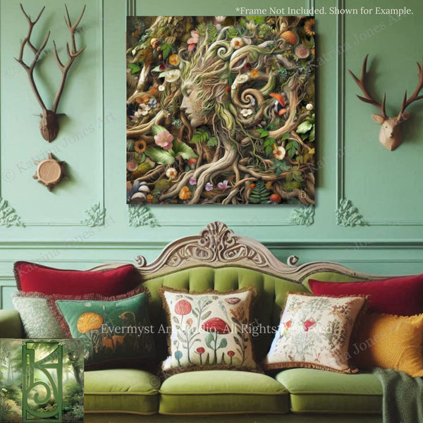 a large, intricately designed painting of a woman's face surrounded by a lush, forest-like background, hanging on a wall above a green sofa adorned with colorful throw pillows.