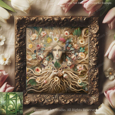 a painting of a woman surrounded by flowers