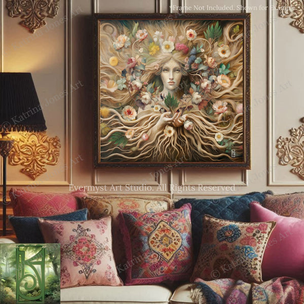 a living room with a couch and a painting on the wall